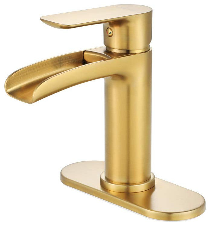 Single Hole Waterfall Spout Bathroom Faucet with Deck Plate, Brushed Gold