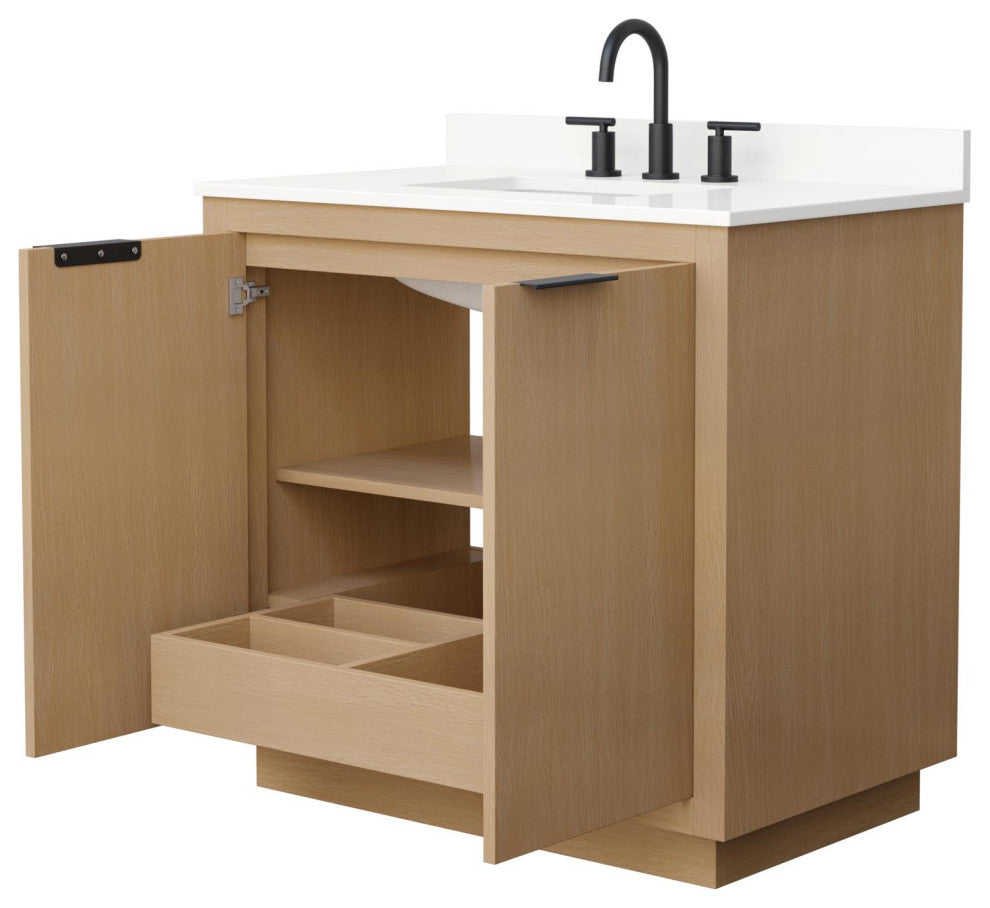Maroni 36" Light Straw Single Vanity, White Quartz Top, 3-Hole, Black Trim