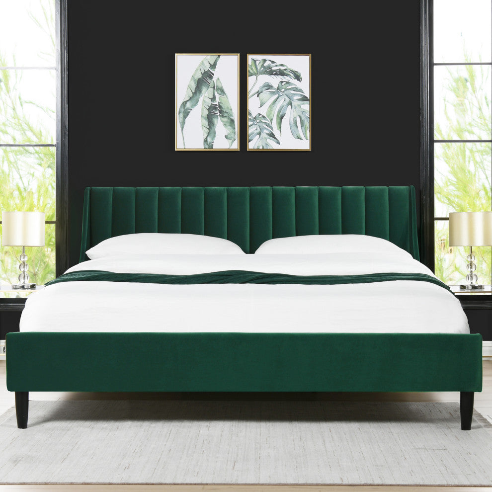 Aspen Modern Vertical Tufted Upholstered Platform Bed, Evergreen Velvet, King
