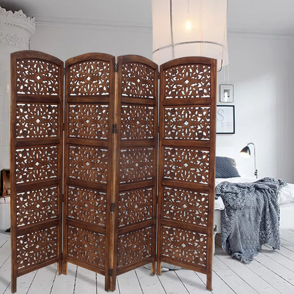 Handmade Foldable 4 Panel Wooden Partition Screen Room Divider Brown