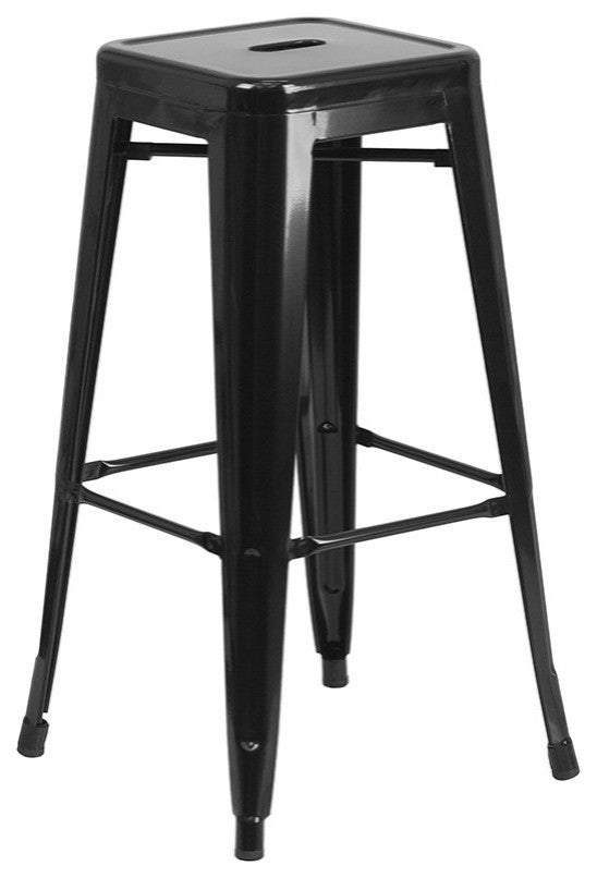 30" Round Black Metal Bar 5-Piece Table Set With 4 Square Seat Backless Stools