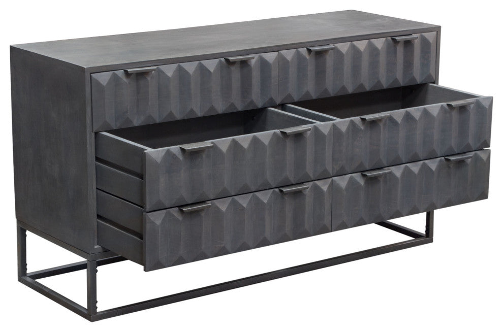 6-Drawer Solid Mango Wood Dresser in Smoke Grey Finish Gun Metal Finished Legs