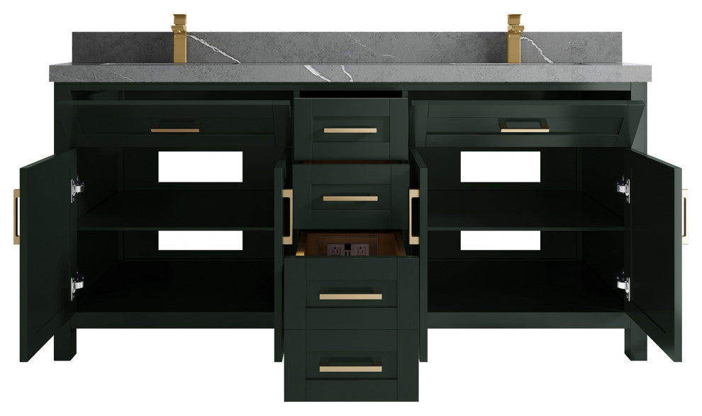 Cambridge 72 Double Sink Bath Vanity in Dark Forest Green 2" Piatra Gray
