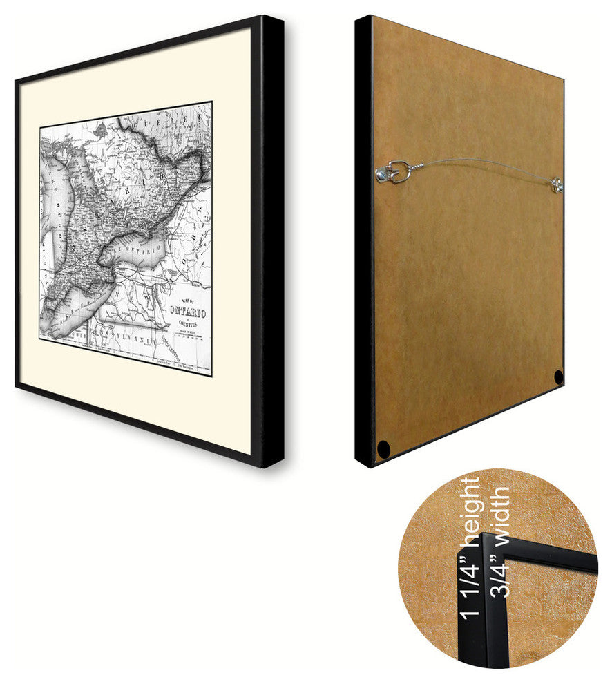 Ontario, Canada Vintage Map Print On Canvas With Black Custom Frame, 16" X 21"