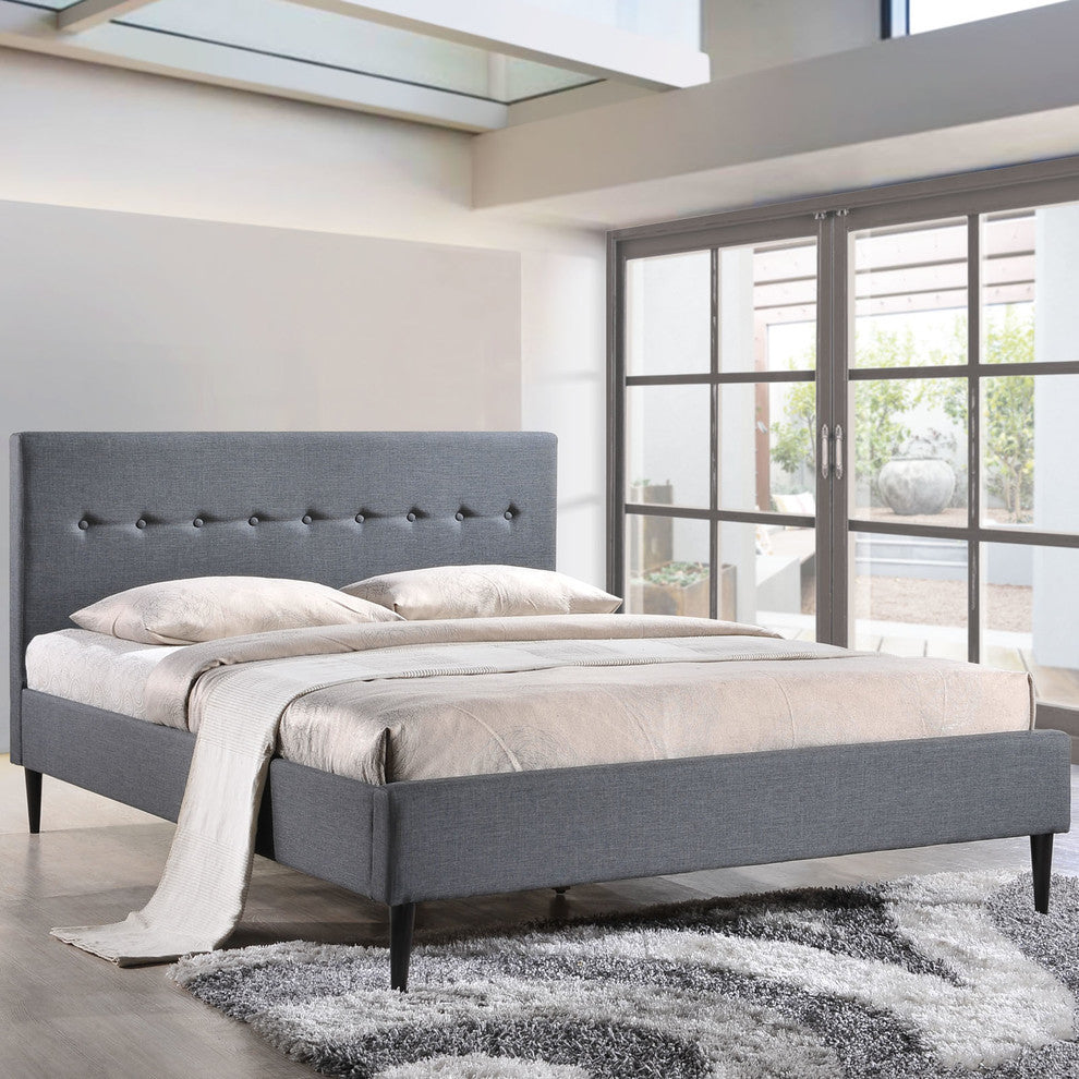 Modern Contemporary Bed Frame, Smoke Fabric, Full Size