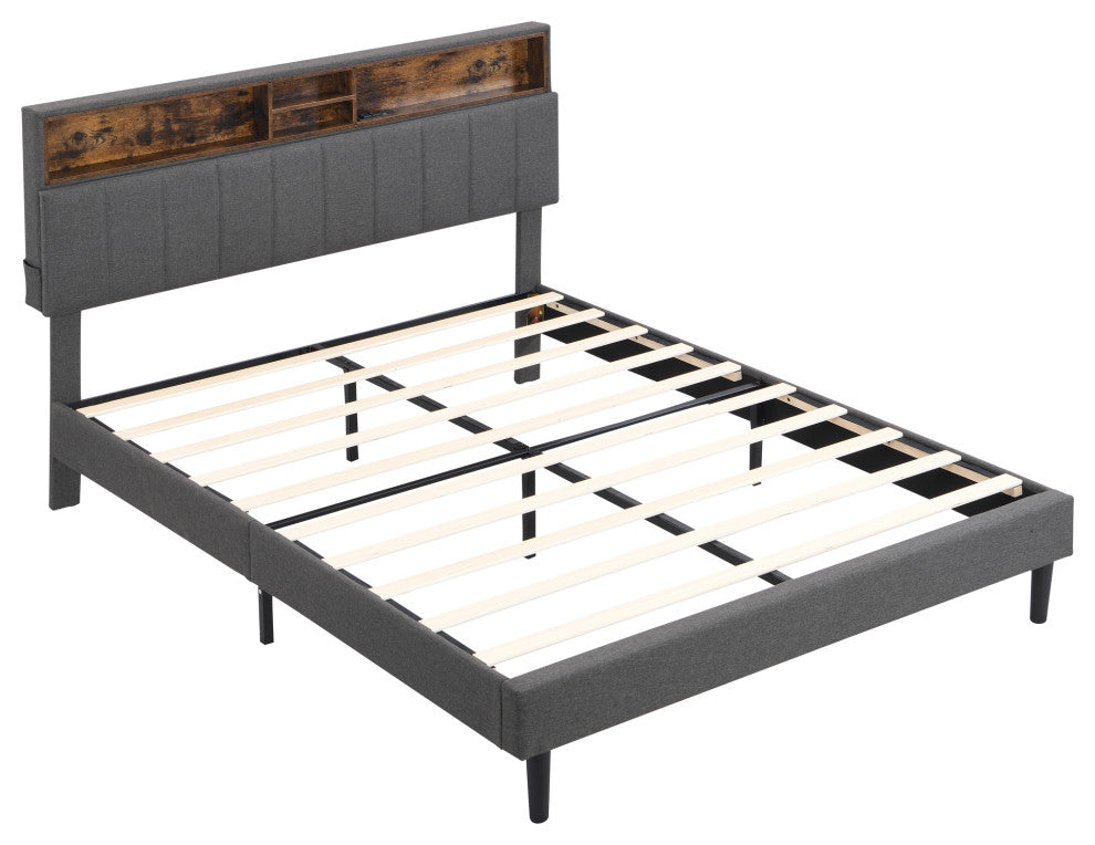 TATEUS Upholstered Platform Bed With Storage Headboard and USB Port, Gray, Queen
