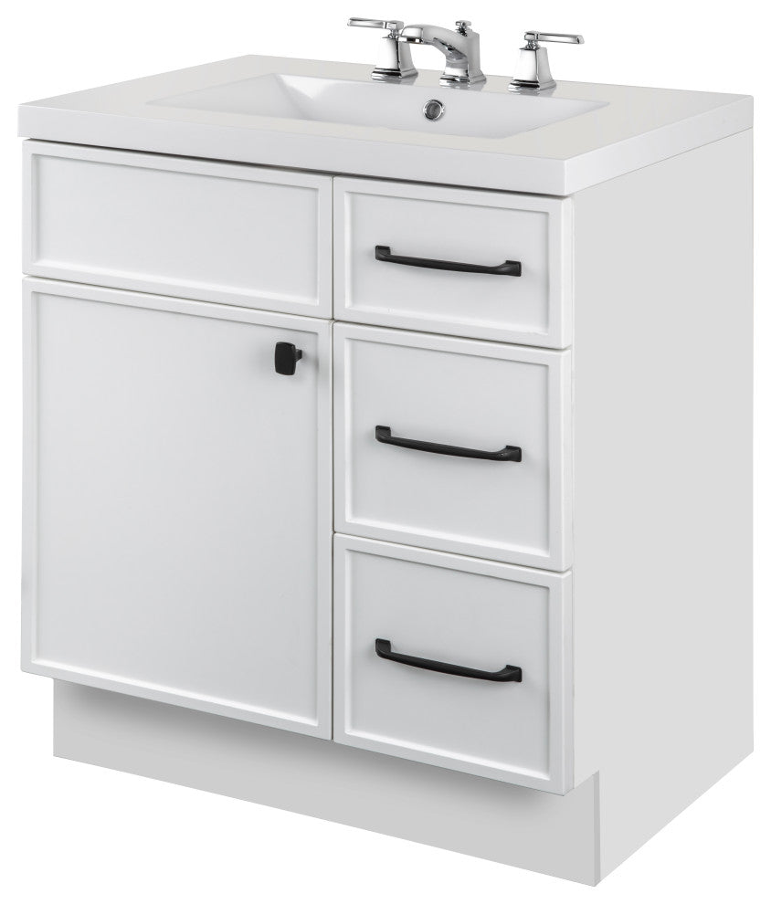 Manhattan Vanity, 1-Door 3-Drawer, White, 30", Single Bowl