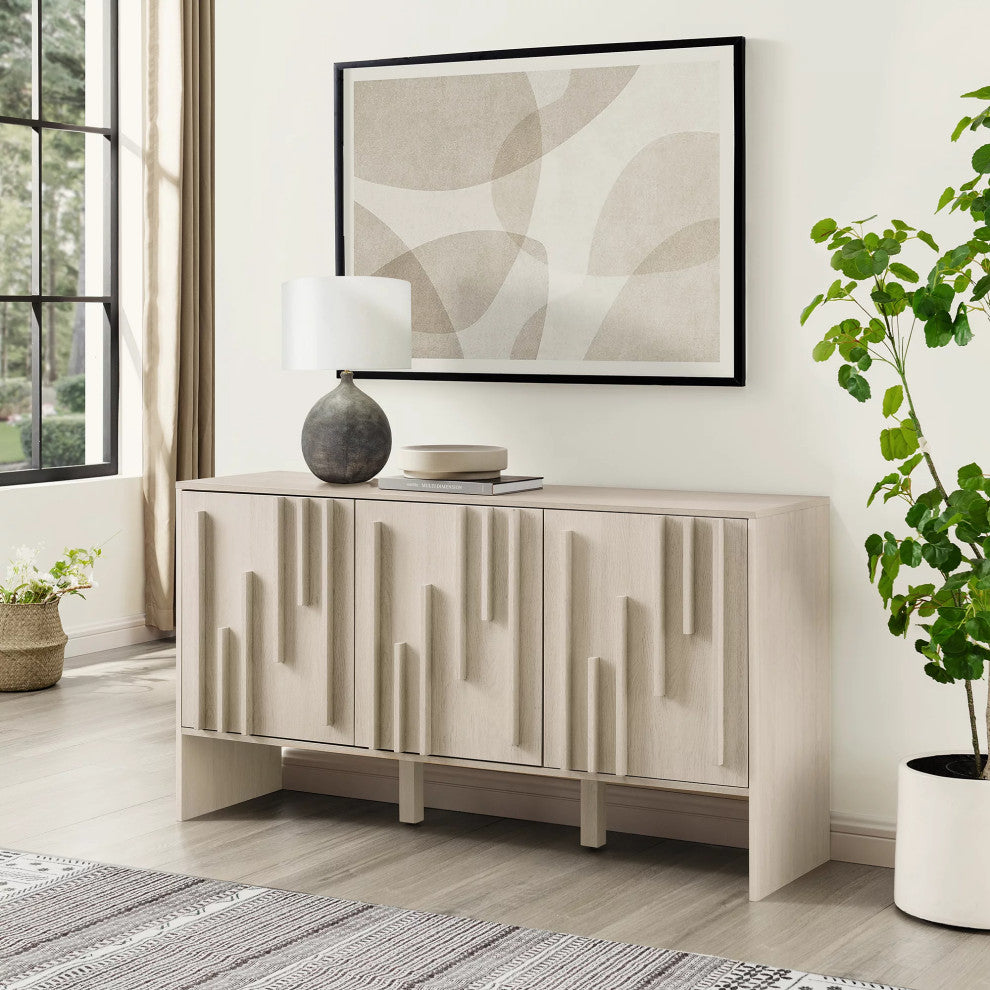 Contemporary Sideboard, Unique Design With Vertical Accented Front, Ivory Oak