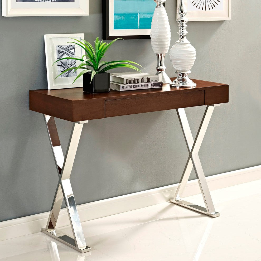 Modern Contemporary Urban Entry Console Table, Brown, Wood Stainless Steel