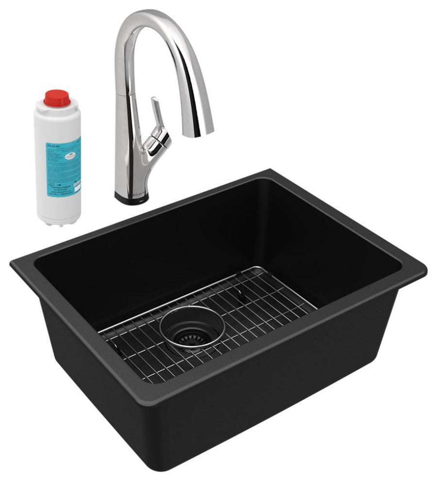 Quartz Classic 25" Undermount Sink Kit With Filtered Faucet, Black
