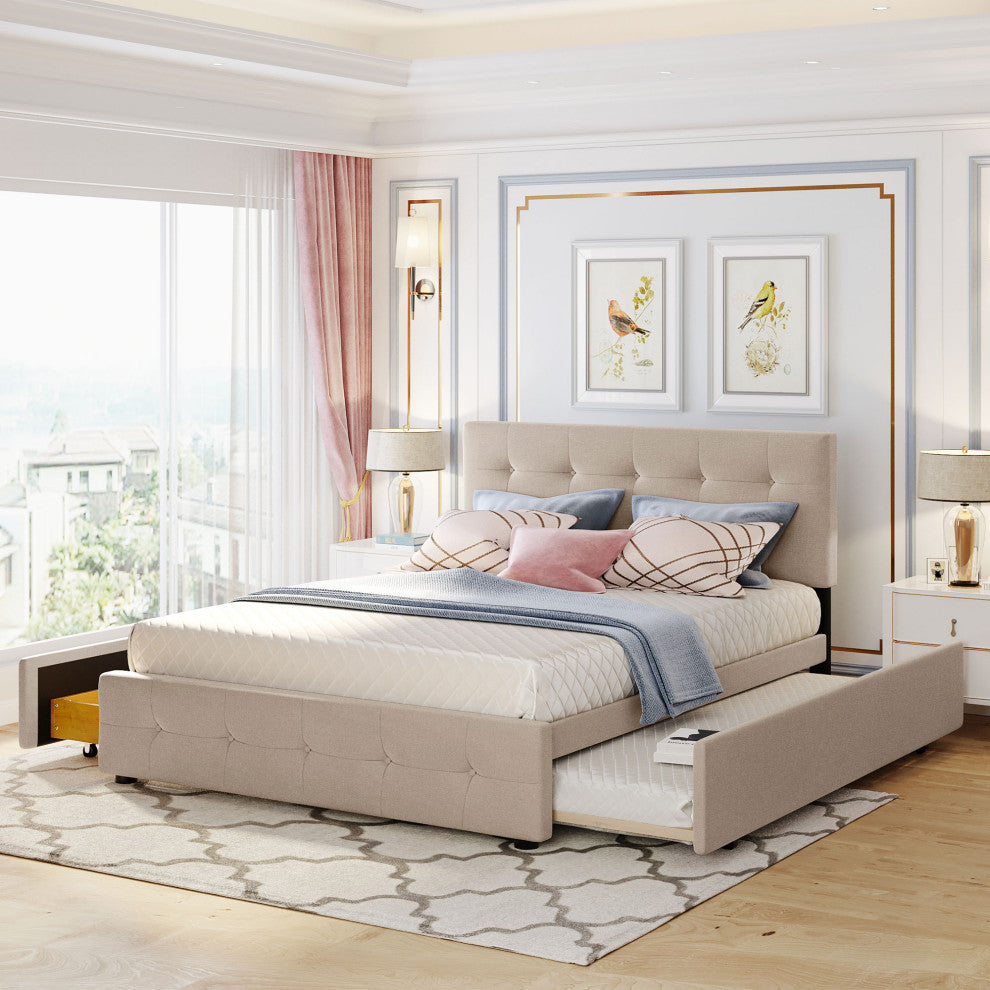 Queen Wood Frame Platform Bed with Drawers and Twin XL Trundle, Beige, Queen