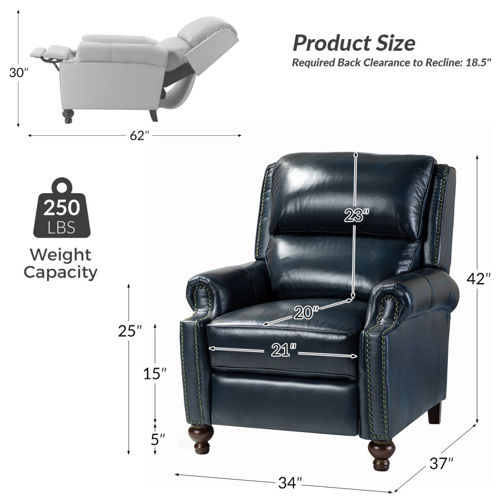 Genuine Leather Cigar Recliner With Nail Head Trim, Navy