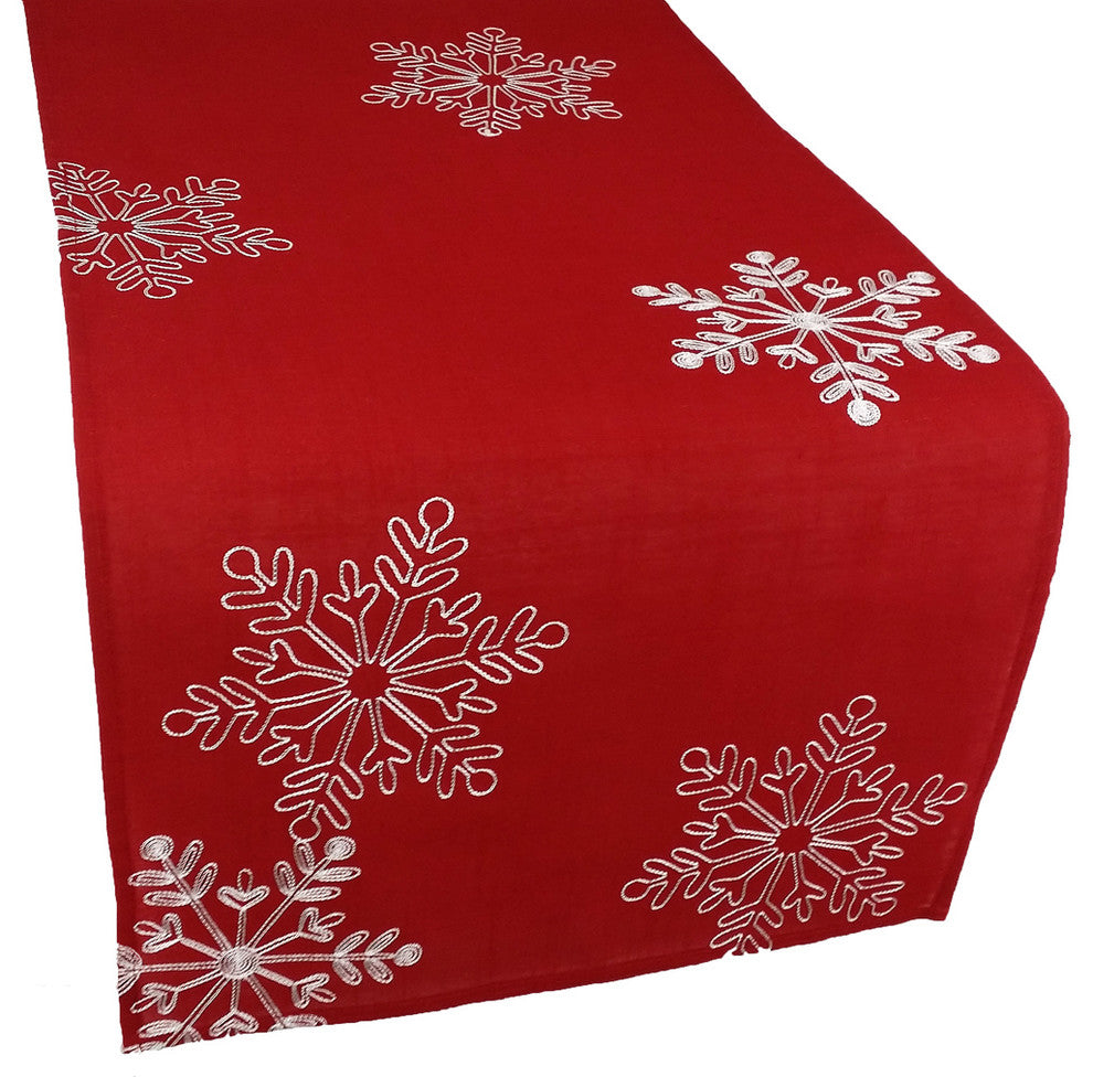 Christmas Red Table Runner Embroidered With White Snowflakes, 15x90