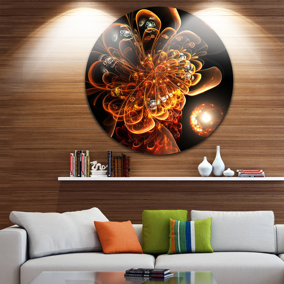 Dark Orange Fractal Flower Digital Art, Floral Disc Metal Artwork, 36"