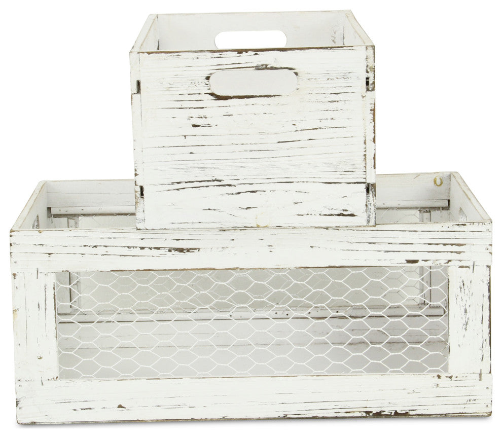 Rustic Chicken Wire Wooden Crates, Set of 2