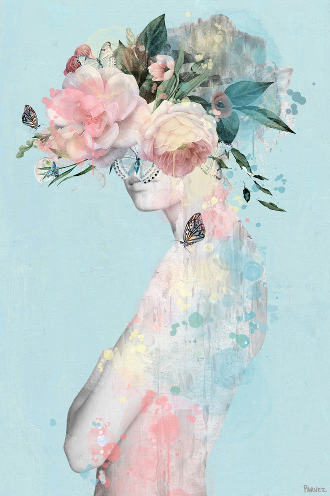"Flower and Butterflies" Painting Print on Wrapped Canvas, 20"x30"