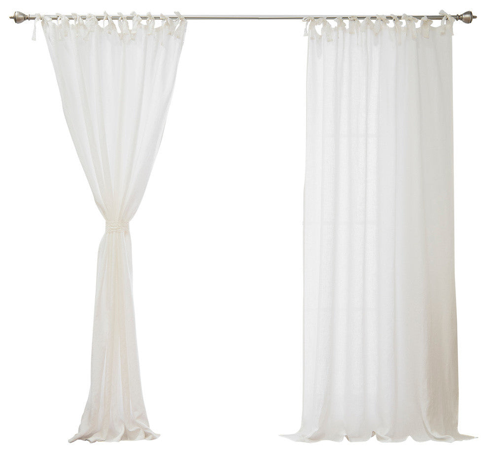 Abelia Belgian Flax Linen Lace Tie Top Curtain, Ivory, 84"