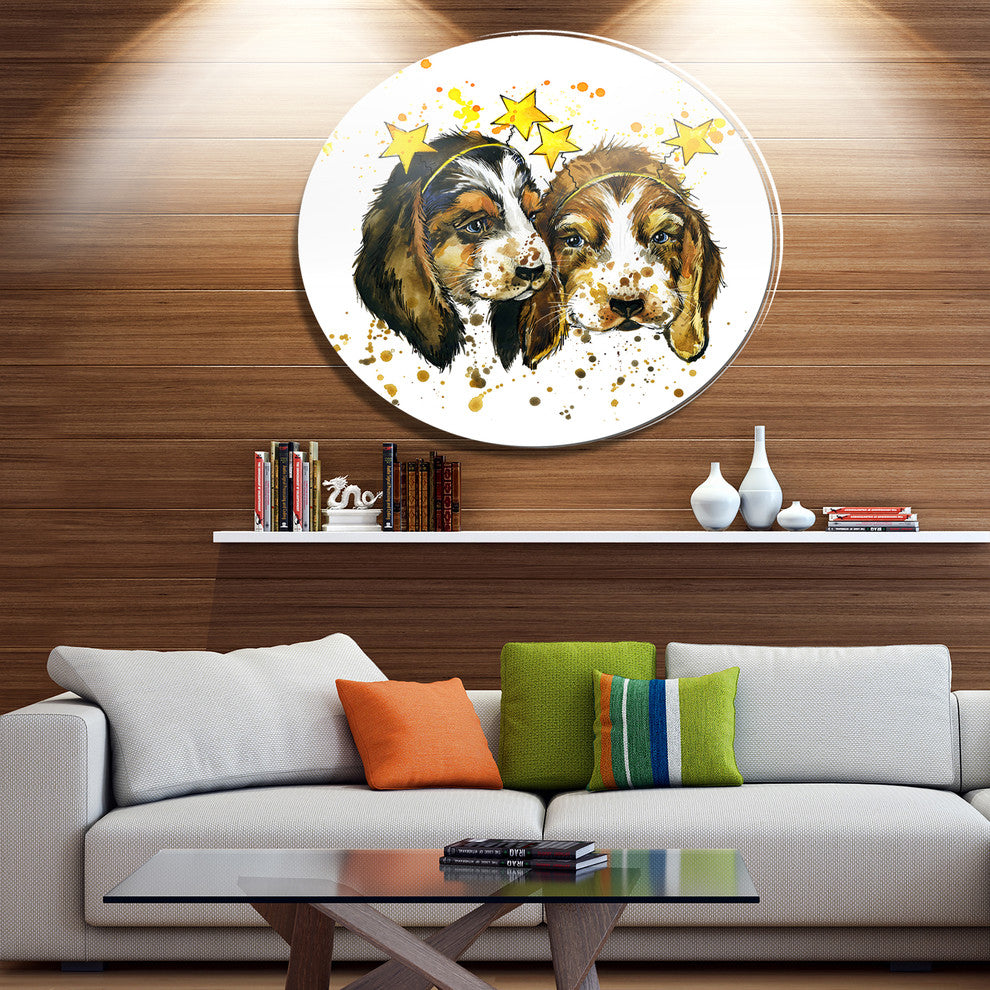 Funny Puppy Dogs Watercolor, Animal Art Disc Metal Artwork, 36"