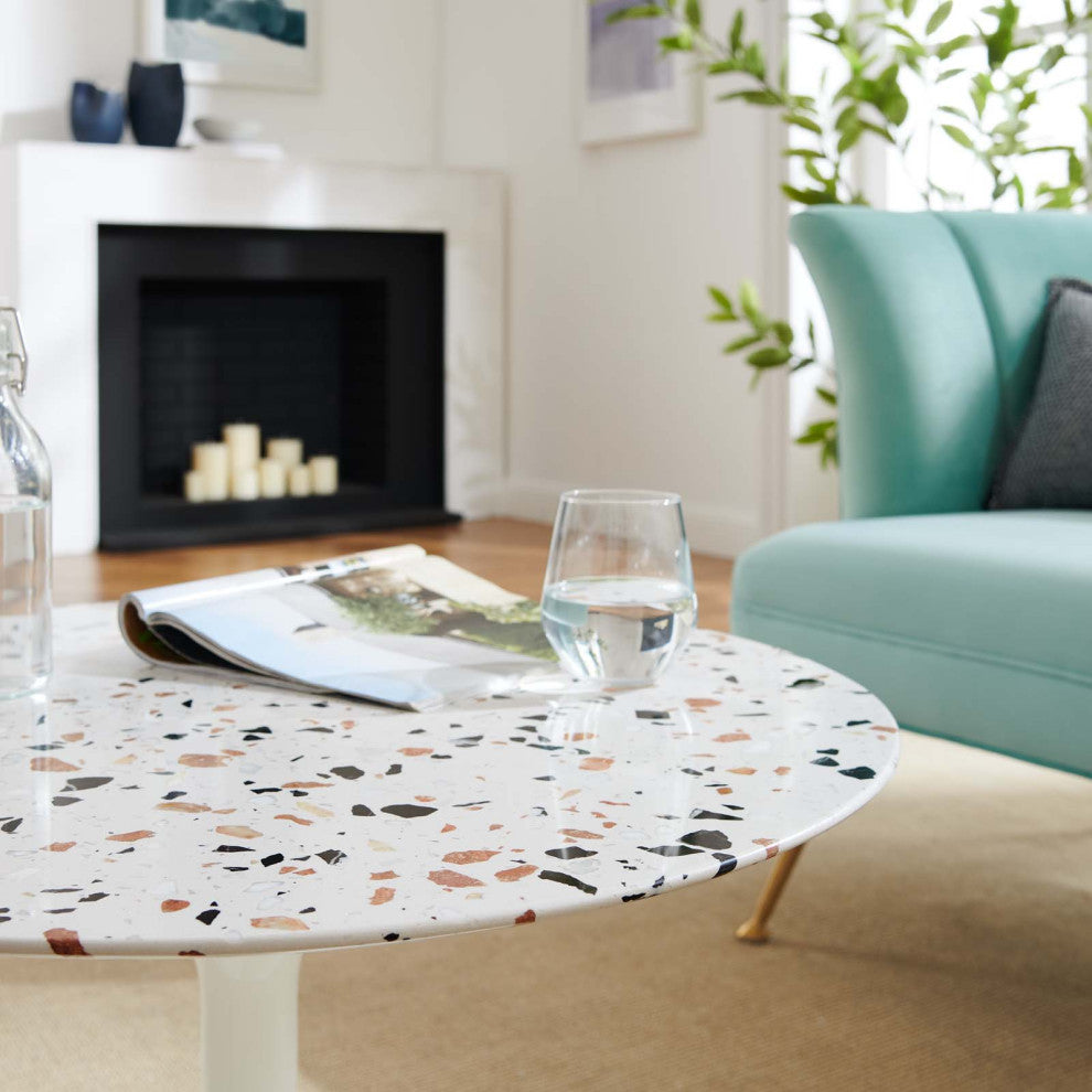 Coffee Table, Round, White, Wood, Metal Steel, Modern, Lounge Hotel Hospitality