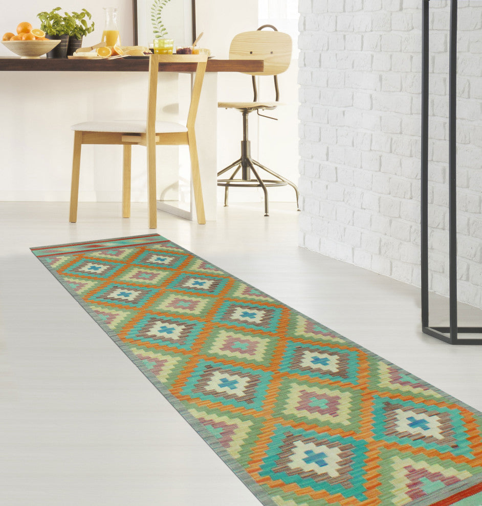 Sangat Kilim Brayden Rust/Turquoise Runner, 2'7x12'10