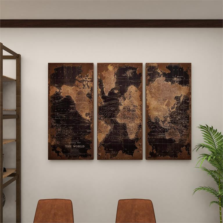 Black Wood Vintage World Map Wall, Set of 3