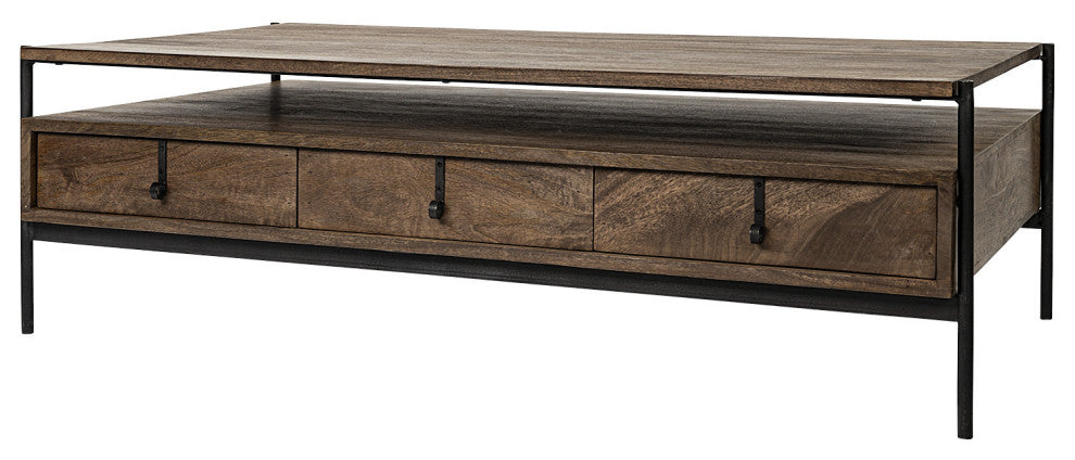 Rectangular Solid Wood and Black Metal Coffee Table W 3 Drawers
