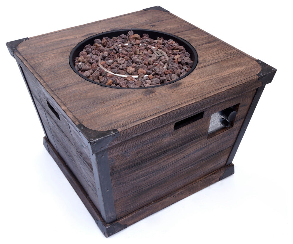GDF Studio Madge Outdoor Brown 32" Square Fire Pit, 40,000 BTU, Wood Grain