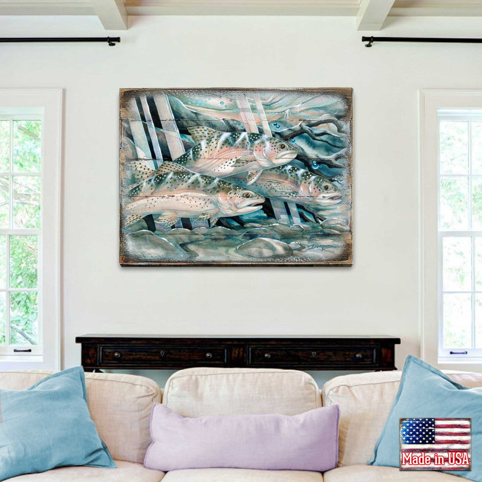 Catch the Rainbow Trout Wooden Wall Art, Oversized 48x36