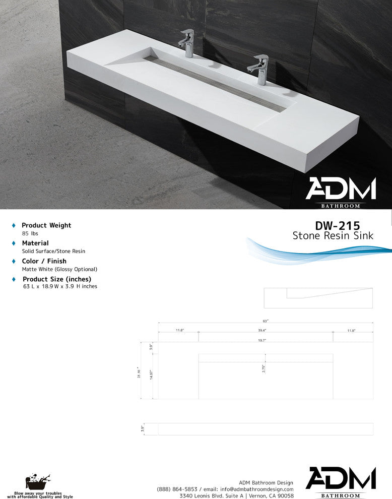 ADM Bathroom Rectangular Wall Mounted Sink, White 63", Matte White