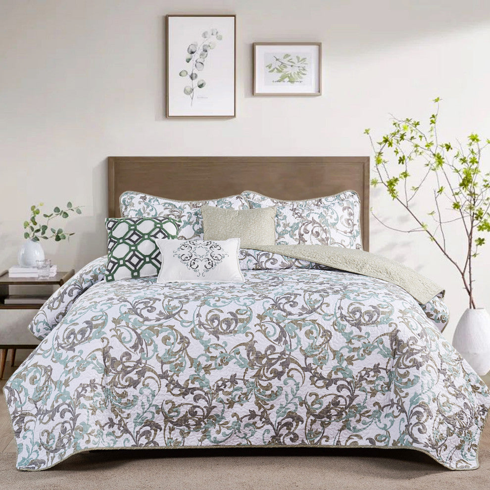 Serenta Ravello Scroll Printed Quilted 6 Piece Bed Spread Set, Teal / Turquoise, Queen