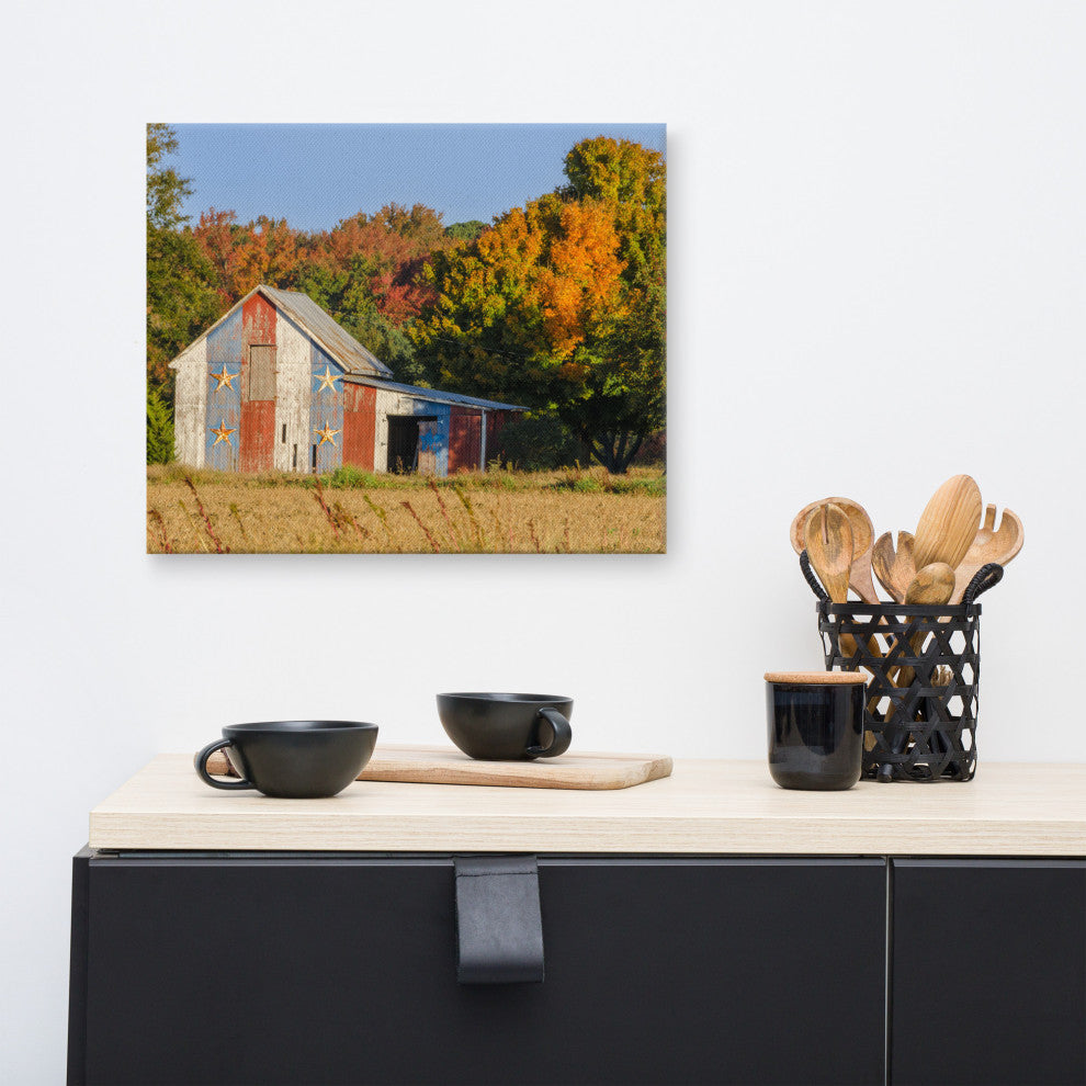 Patriotic Barn in Field Traditional Rural Canvas Wall Art Print, 16" X 20"