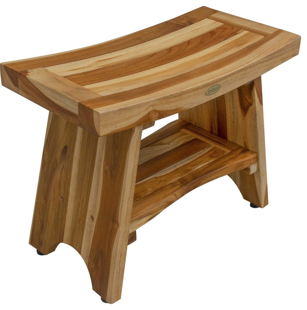 HomeRoots Contemporary Teak Shower Bench With Shelf, Natural Finish