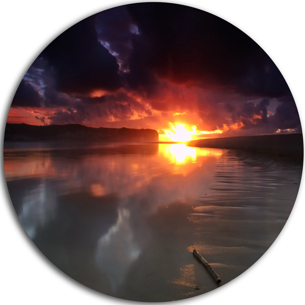 Mirrored Sun In Cloudy Dark Seashore, Seascape Disc Metal Wall Art, 23"