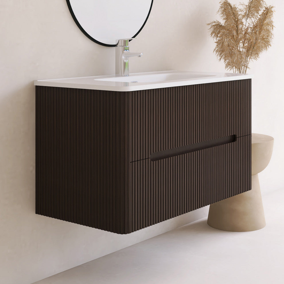36 inch MDF Wall-Mounted Bathroom Vanity Set with Ceramic Integrated Sink, Dark Brown