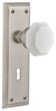 New York Plate with Keyhole Privacy Waldorf White Milk Glass Knob, Satin Nickel