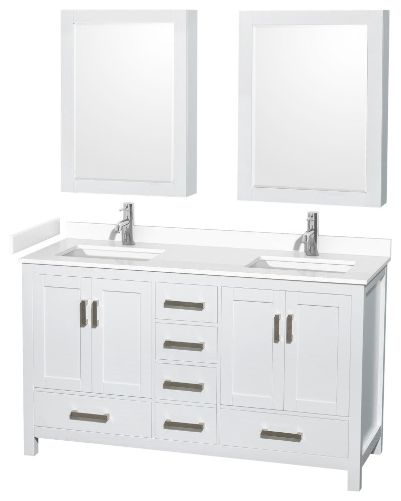 60"DBL Bathroom Vanity White, White Cult. Marble Countertop, Sinks, Med.Cabinets