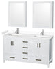 60"DBL Bathroom Vanity White, White Cult. Marble Countertop, Sinks, Med.Cabinets