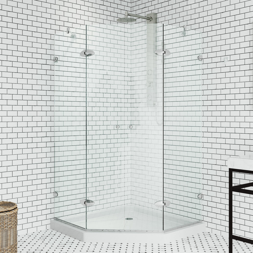 VIGO Gemini Frameless Hinged Neo-Angle Shower Enclosure, Chrome, 42" D X 42" W, Low Base