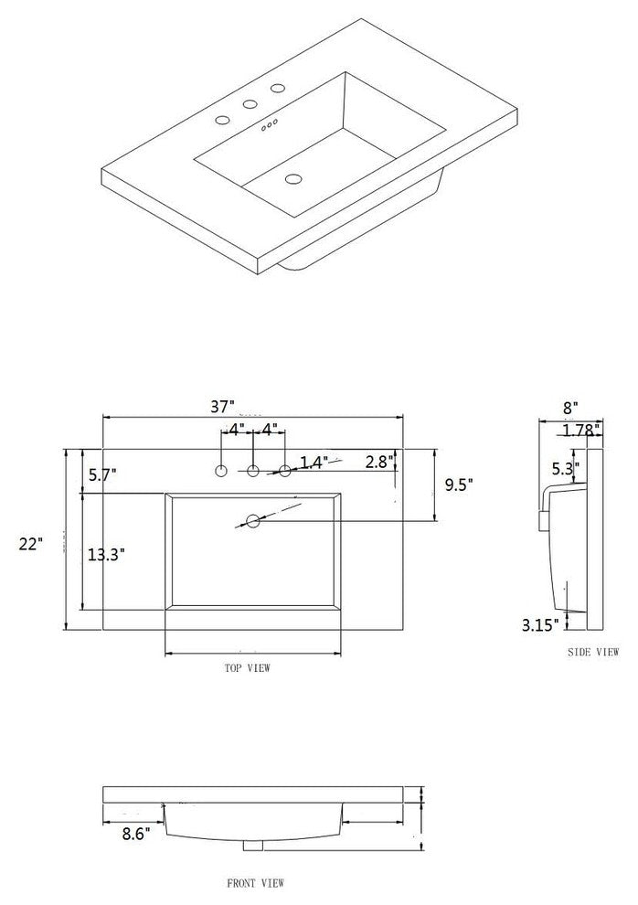 Eclipse 37"x22" Ceramic Vanity Top in White, 8" Widespread Faucet Drilling