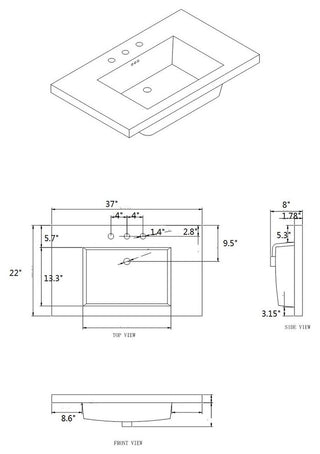 Eclipse 37"x22" Ceramic Vanity Top in White, 8" Widespread Faucet Drilling