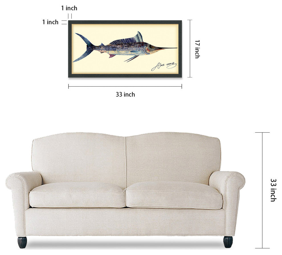 Blue Marlin Handmade Collage Framed Graphic Wall Art Under Glass 33x17
