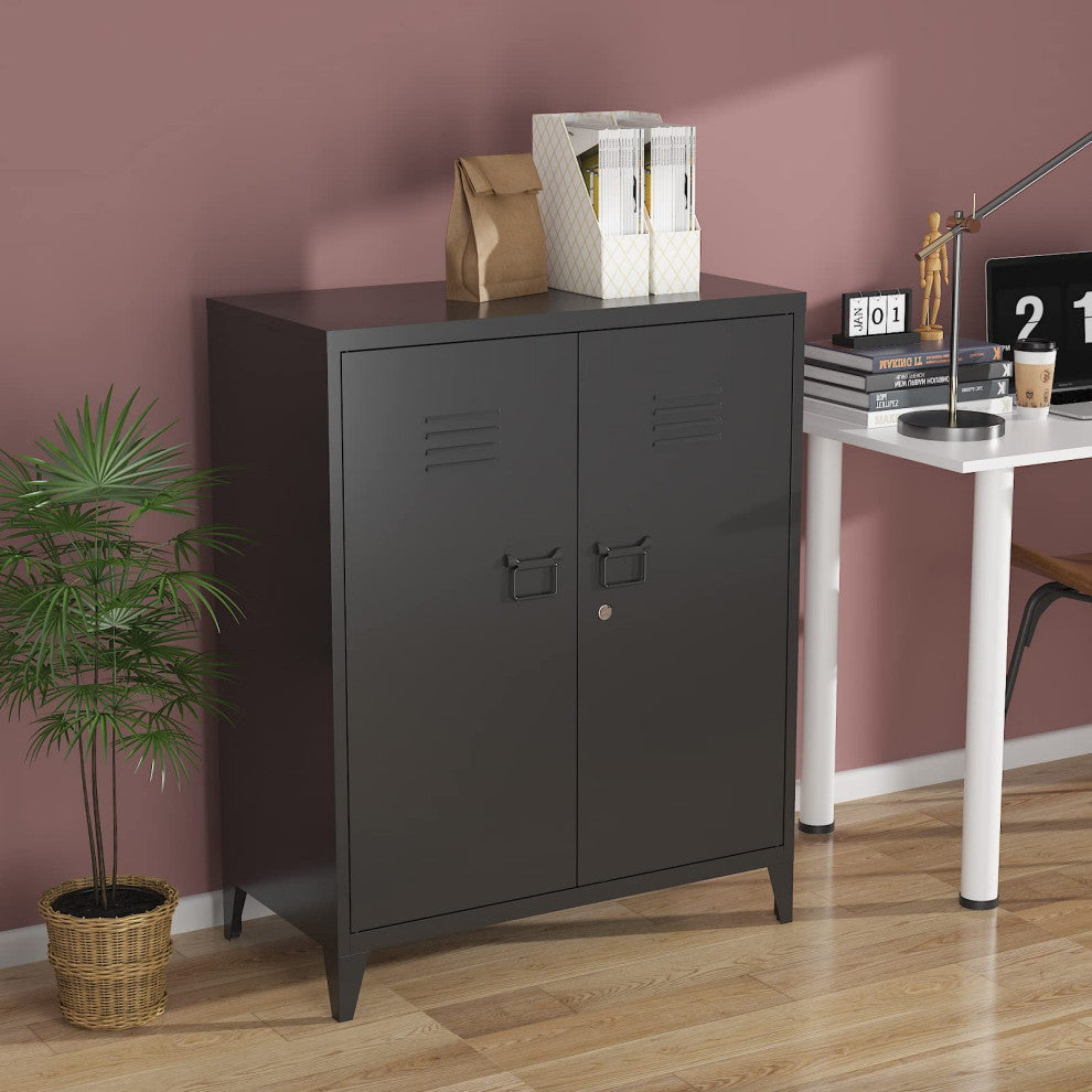 Metal Storage Cabinet, 2 Doors & 2 Shelves, 35.5", Black, With Legs