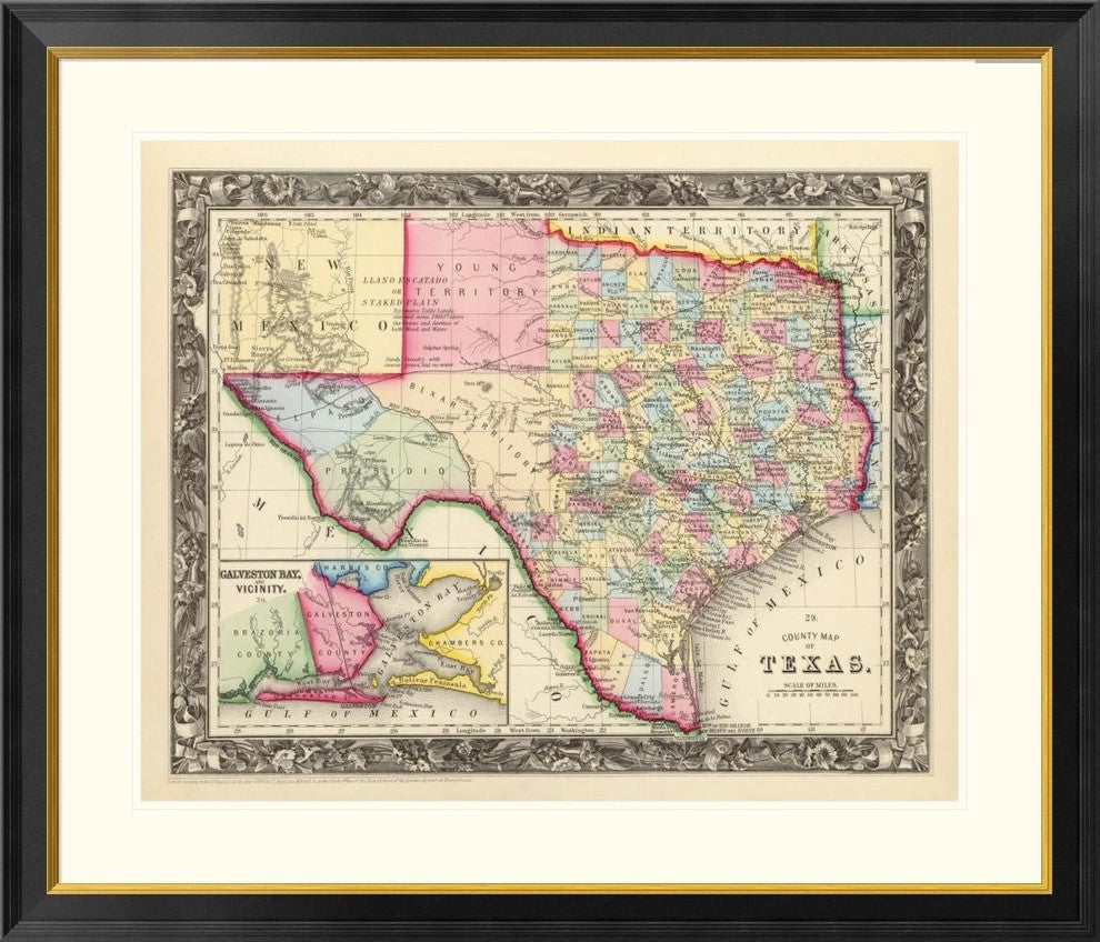 "County Map Of Texas, 1860"  by Samuel Augustus Mitchell, 40x34"