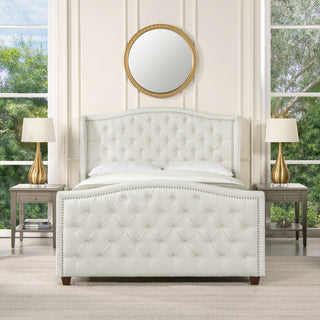 Marcella Upholstered Tufted Shelter Wingback Panel Bed, Antique White Polyester, Queen