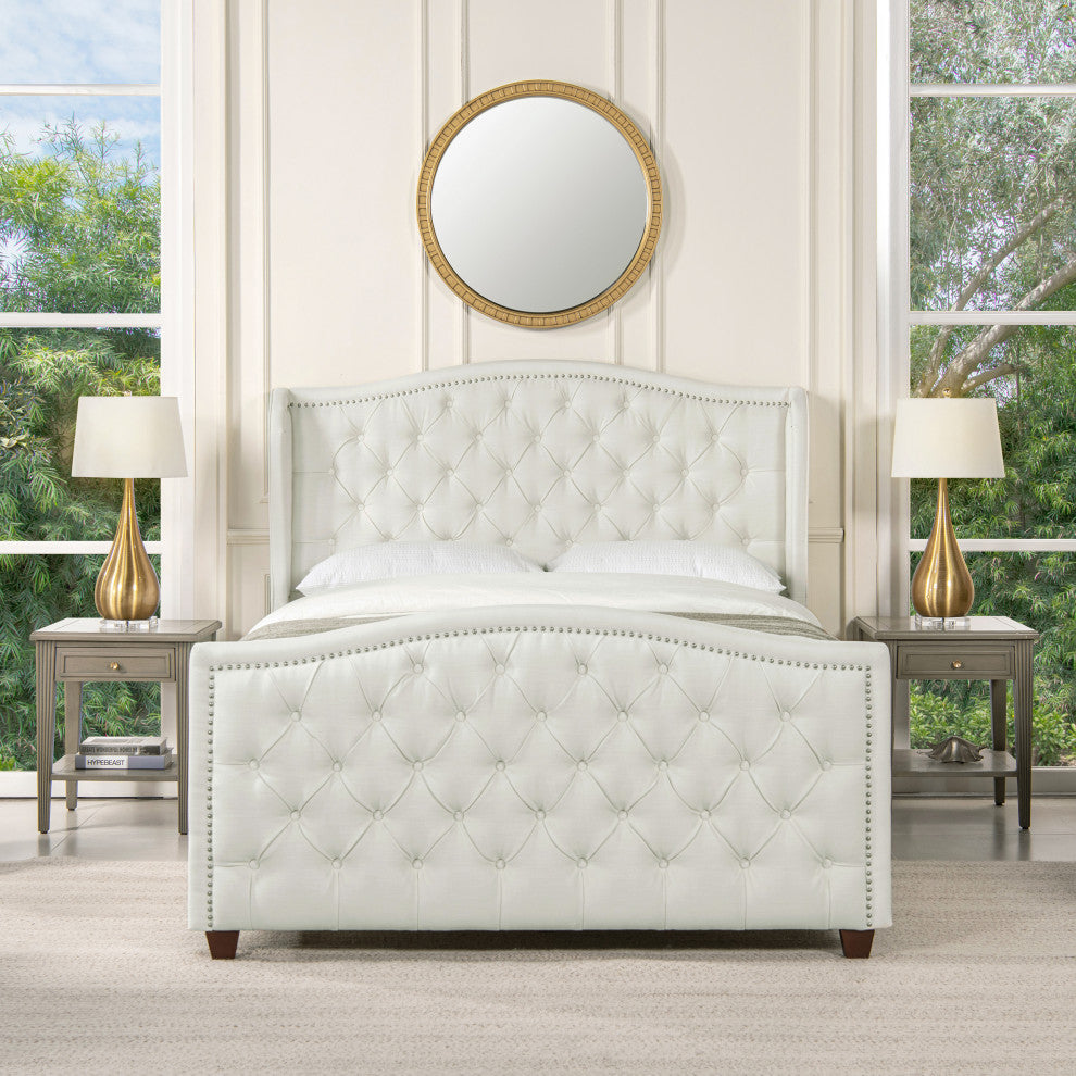 Marcella Upholstered Tufted Shelter Wingback Panel Bed, Antique White Polyester, Queen