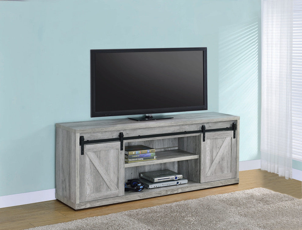 71" TV Console with Sliding Doors, Gray and Black