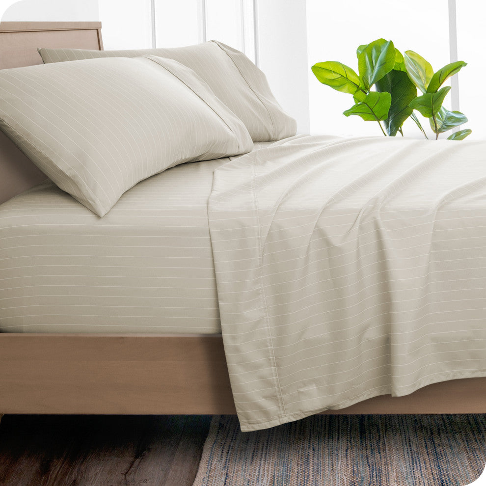 1800 Microfiber Sheet Set, Pinstripe Stone/White, King