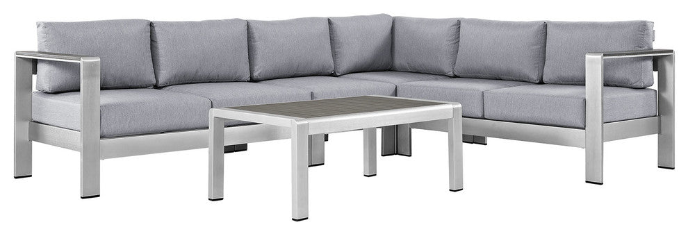 Shore 5 Piece Outdoor Patio Aluminum Sectional Sofa Set, Silver Gray