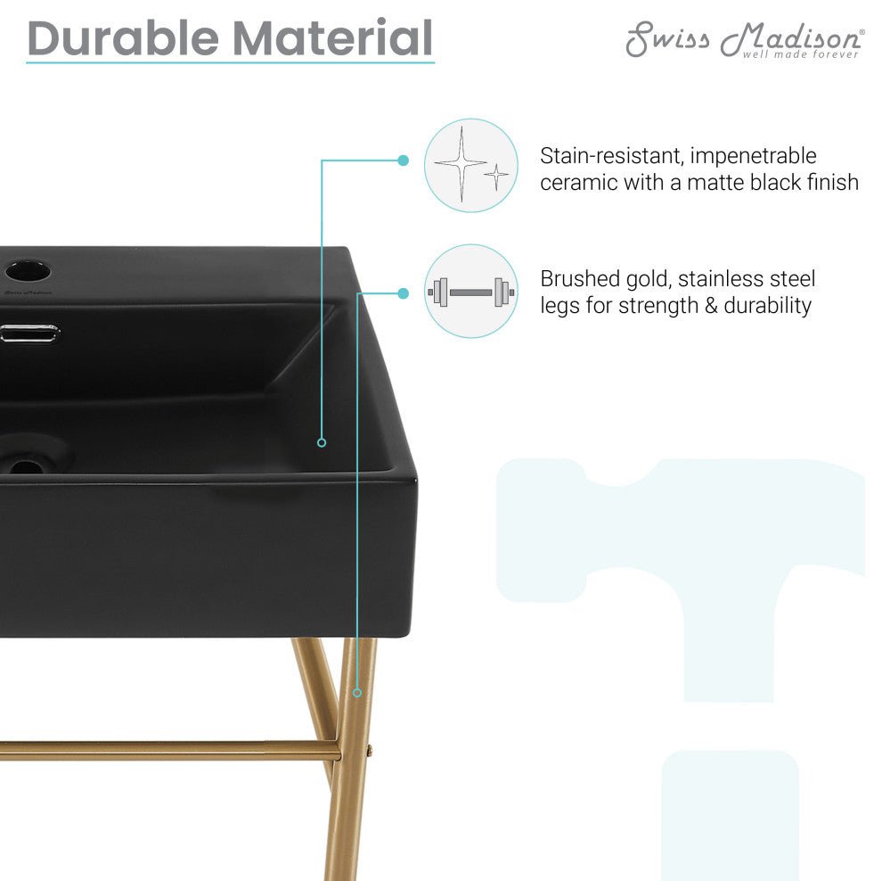 Claire 24" Ceramic Console Sink Matte Black Basin Gold Legs, Brushed Gold