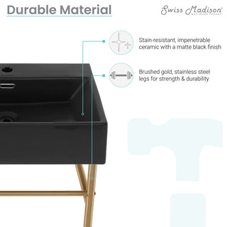 Claire 24" Ceramic Console Sink Matte Black Basin Gold Legs, Brushed Gold